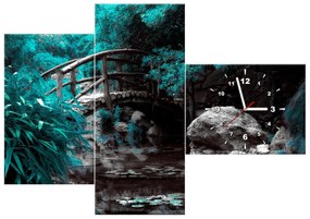 Gario Obraz s hodinami Tyrkysová Japonská záhrada - 3 dielny Rozmery: 100 x 70 cm