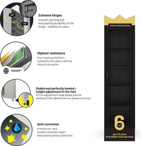 Čierna sklenená vitrína do obývačky z kovu na nožičkách LUIGI Modern 500 x 1800 x 350 mm