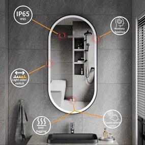Erga Gwen, oválne LED zrkadlo 50x100cm v čiernom kovovom ráme, 3 farby svetla, predné osvetlenie, vyhrievacia podložka proti zapareniu, ERG-V01-GWEN-5010-BK