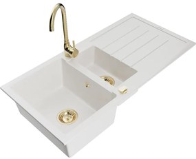 Mexen Andres 1,5-komorový granitový kuchynský drez s odkvapkávačom 100x50 cm a kuchynská batéria Telma, biela, 6515-20-670200-50