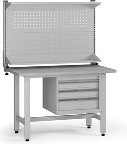 Výškovo nastaviteľný dielenský stôl G5 s nadstavbou, 1200 x 750 x 800-1000 mm, 1x kontajner, 3 zásuvky, sivá