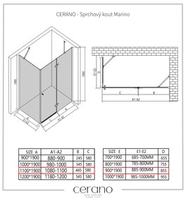 Cerano Marino, sprchovací kút 110(dvere) x 90(stena) x 190 cm, 6mm číre sklo, chrómový profil, CER-CER-422790