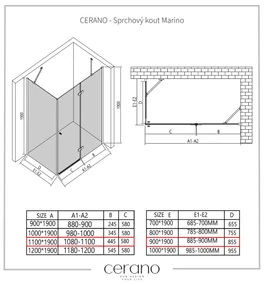 Cerano Marino, sprchovací kút 110(dvere) x 90(stena) x 190 cm, 6mm číre sklo, chrómový profil, CER-CER-422790