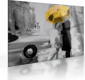 Sklenený obraz - Zamilovaný pár pod dáždnikom, žltý (70x50 cm)
