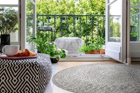 Šnúrkový okrúhly koberec SIZAL LOFT 21207 BOHO Mandala, slonovinová kosť - sivý