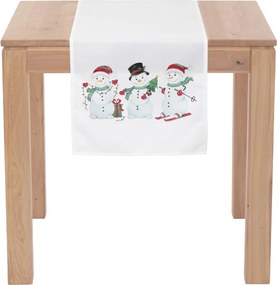 Vianočný behúň na stôl Snehuliaci 150x40 cm, biely