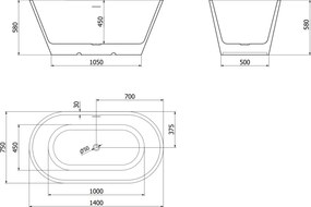 Mexen Luna, voľne stojaca vaňa 140 x 75 cm, biela/čierna, chrómový prepad, 52031407575-01