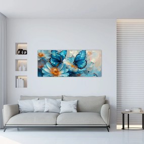 Obraz - Modrí motýle (120x50 cm)