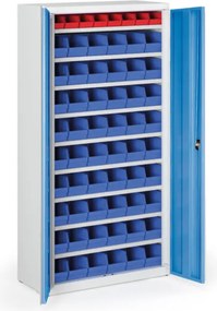 Skriňa s plastovými boxami BASIC - 1800 x 400 x 920 mm, 8xA/54xB, sivá/modré dvere