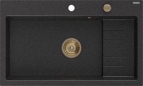 Mexen Omar, 1-komorový granitový drez 800x480x210 mm, čierna-strieborná metalíza, zlatý sifón, 6520801005-73-G