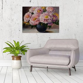 Sklenený obraz - Olejomaľba, Kvety vo váze (70x50 cm)