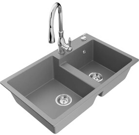 Mexen Tomas, granitový drez 800x500x190 mm, 2-komorový a drezová batéria Savita, šedá, 6516-71-672601-00