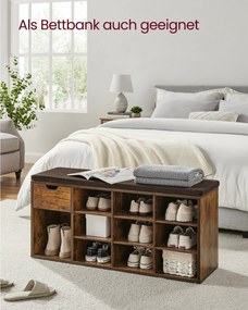 Lavica na topánky Stojan na topánky so zásuvkou a otvorenými priehradkami, rustikálna hnedá