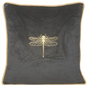 Krásna čierna zamatová obliečka na vankúš s motívom zlatej vážky 45 x 45 cm
