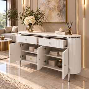 KOMODA GASTON II STRIEBORNÉ NOHY + BIELA + MRAMOR 140 cm