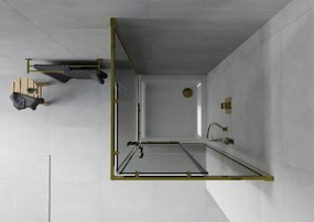 Mexen Rio, štvorcový sprchovací kút s posuvnými dverami 70(dvere) x 70(dvere) x 190 cm, 6mm šedé sklo, zlatý profil + biela sprchová vanička SLIM, 860-070-070-50-40-4010G