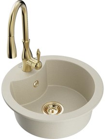 Mexen Diego, 1-komorový granitový drez 488x488x167 mm a drezová batéria Savita, béžová, 6512-69-672601-50