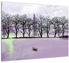 Sklenený obraz - Pramice na jazere (70x50 cm)