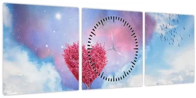 Obraz - Ružový strom srdca (s hodinami) (90x30 cm)