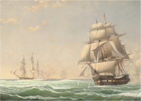 Sklenený obraz - Fitz Henry Lane, The United States Frigate President Engaging the British Squadron, reprodukcia (70x50 cm)