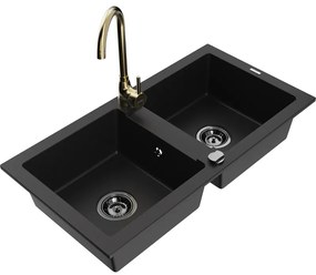 Mexen Mario, 2-komorový granitový drez 820x436x161 mm a zlatá lesklá drezová batéria Telma, čierna, 6504-77-670200-50-B