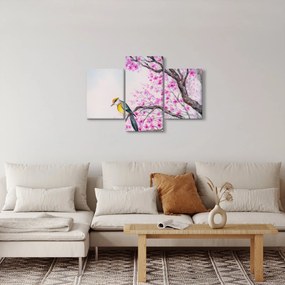 Obraz - Vtáčik na strome s ružovými kvetmi (90x60 cm)