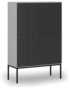 Drevená šatníková skrinka S4 s podnožou, 4 oddiely, 1871 x 1200 x 500 mm, demont, mechanický kódový zámok, sivá/grafit