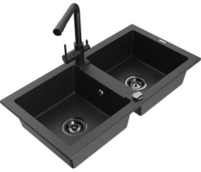Mexen Mario, 2-komorový granitový drez 820x436x161 mm a čierna drezová batéria Duero, čierna-strieborná metalíza, 6504-73-671600-70-B