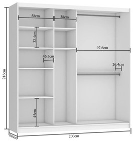 Šatníková skriňa 200 cm Belini čierny mat / dub wotan s posuvnými dverami a zrkadlom  MZ SZP1/2/B/DW/0/BL