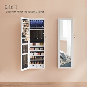 SONGMICS uzamykateľný zrkadlový organizér na šperky so 6 LED, 120 cm, biely