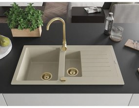 Mexen Matias - drez granitový 900x505x200 mm, 1,5-komorový, béžová so zlatým sifónom, 6502901505-69-G