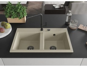 Mexen Hektor, 2-komorový granitový drez 800x480x205 mm, béžová, grafitový sifón, 6521802000-69-B