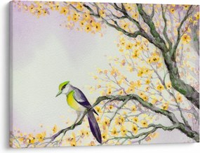 Obraz - Akvarelový vtáčik na strome (70x50 cm)