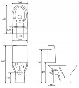 Cersanit Moduo 43 - WC kombi zadný odpad 3/5 CLEAN ON+WC sedátko duroplast SLIM, Biela, K116-036