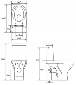 Cersanit Moduo 43 - WC kombi zadný odpad 3/5 CLEAN ON+WC sedátko duroplast SLIM, Biela, K116-036