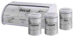 Haus Roland HOME ELEMENTS Kovový chlebník + 3 nádoby na potraviny v mramorovom dizajne Barva: bílá