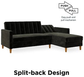 Čierna variabilná rozkladacia rohová pohovka so zamatovým povrchom a úložným priestorom Støraa Celine