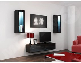 Obývacia stena Zigo VIII, Osvetlenie: osvetlenie LED biele, Farby: čierny / čierny lesk