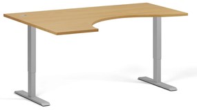 Ergonomický výškovo nastaviteľný stôl, 160x120 cm, 2 motory, L/P, sivá podnož, buk