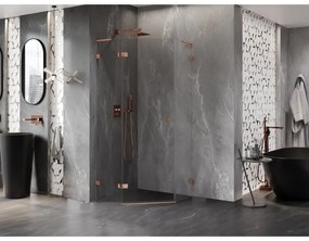 Mexen Lunar, L päťuholníkový sprchový kút naklápací doľava 80 x 80 cm, 8mm číre sklo, profil ružové zlato, 831L-080L-080P-60-00-L