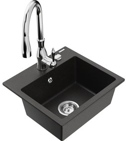 Mexen Milo, 1-komorový granitový drez 435x410x171 mm a drezová batéria Savita, čierna-zlatá metalíza, 6505-75-672601-00