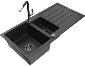 Mexen Andres, 1,5-komorový granitový drez 1000x500x200 mm a drezová batéria Flora, čierna-strieborná metalíza, 6515-73-670401-07-B