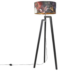 Stojaca lampa trojnožka čierna s tienidlom s kvetinovým vzorom 50 cm - Puros