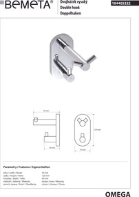 Bemeta Design OMEGA: Vešiak, s 2 háčikmi - 104405222