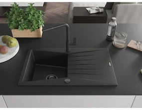 Mexen Cesar, 1-komorový granitový drez 775x470x190 mm a drezová batéria Flora, čierna-strieborná metalíza, 6514-73-670401-70-B