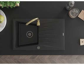 Mexen Cesar, granitový drez 775x470x190 mm, 1-komorový, čierna s čiernym sifónom a zlatá drezová batéria Telma, 6514-77-670200-50-B