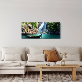 Obraz - Vodná stredomorská krajina s loďou (120x50 cm)