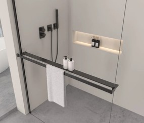 Erga Paris, sprchová zástena Walk-In 90x200 cm s poličkou a vešiakom na uteráky, 8mm číre sklo, čierny profil, ERG-V02-PARIS-090x200-CL-BK-BAR