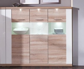 Široká vitrína Caracas typ 22, dub/biely lesk, s osvetlením