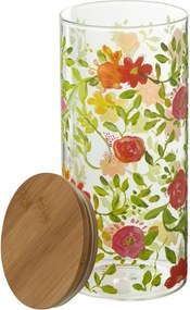 Sklenená dóza na potraviny s dreveným viečkom a kvetmi Floral glass - Ø10*23cm / 1400ml